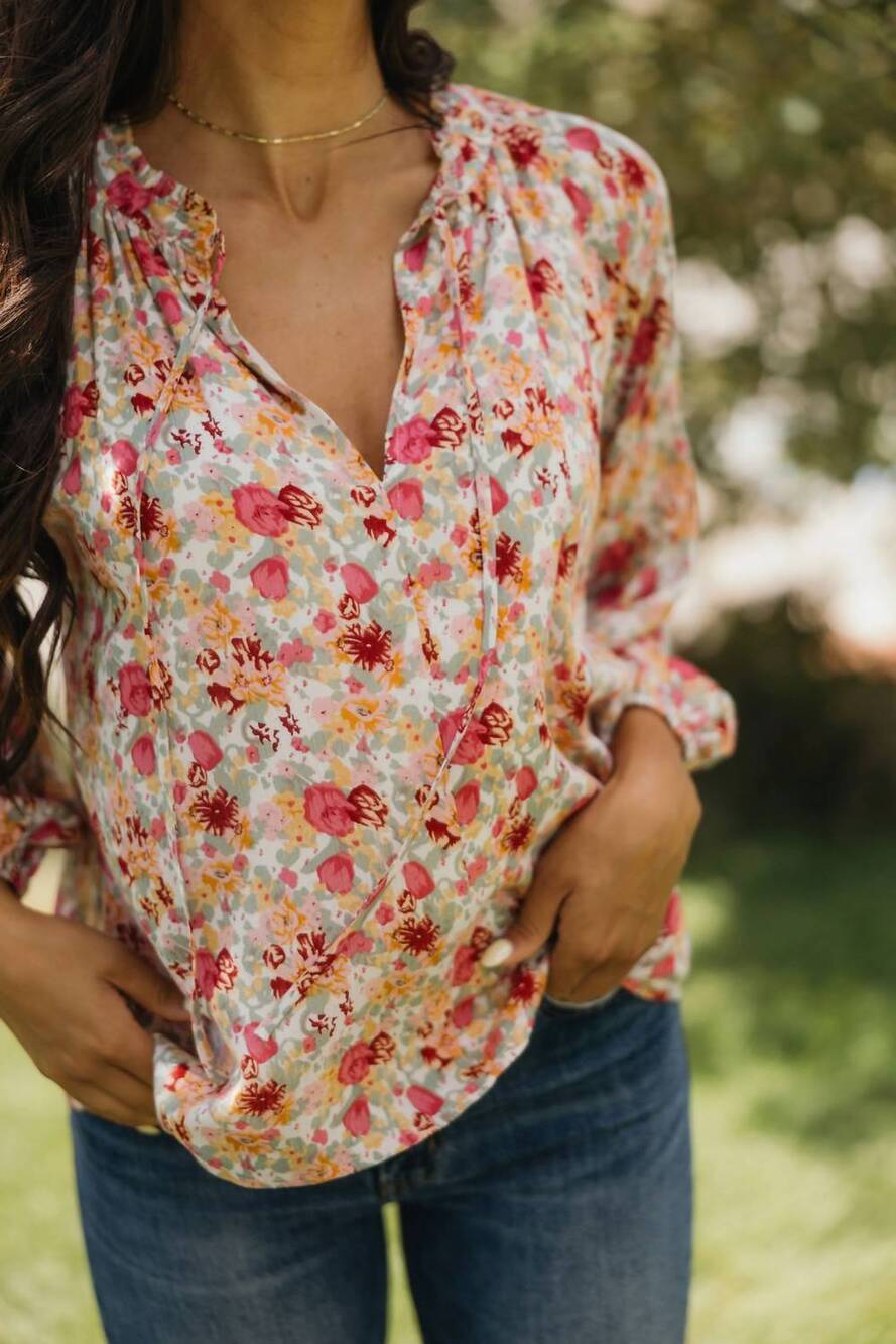 NEW MIKAROSE tie neck blouse in sunday bloom